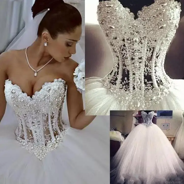 

Major Beading White Sweetheart Wedding Dresses llusion Bodice Ball Pearls Tulle Bridal Gowns Lace-up Backless