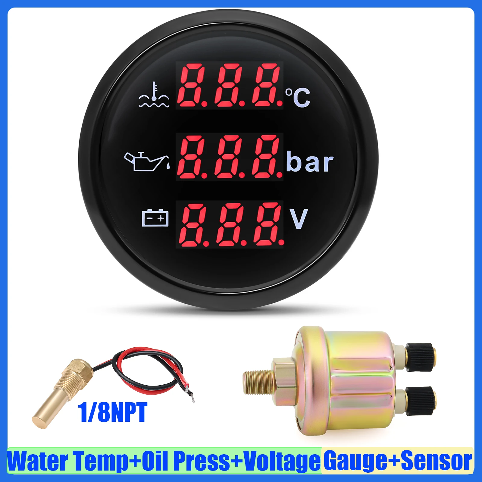 

Автомобильный датчик 3 в 1, 52 мм, датчик температуры воды + давление масла + вольт с сигнализацией, красный светодиод, цифровой датчик температуры воды + датчик 12 В 24 В на заказ