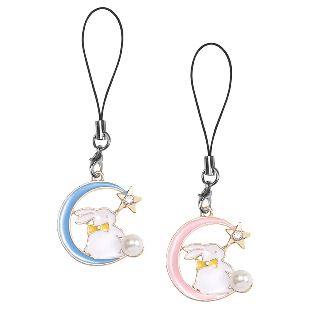 2 Pcs Key Chain Mobile Phone Cellphone Lanyard Strap Moon Star Bunny Charm Smartphones Alloy Student Lovers