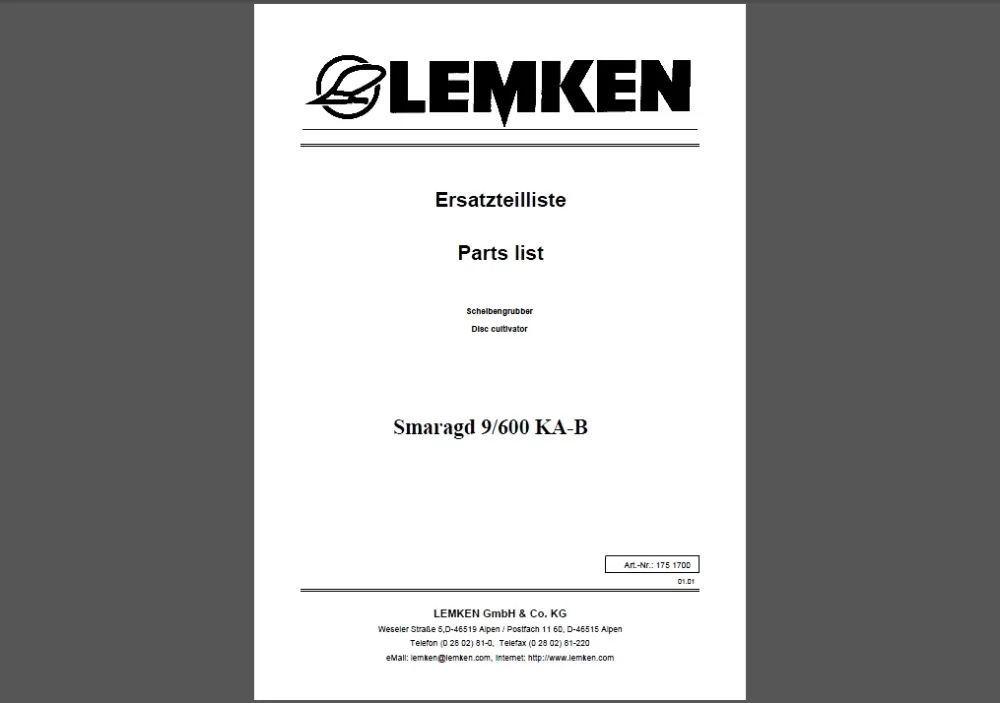 Каталоги запчастей для сельскохозяйственного оборудования Lemken, PDF