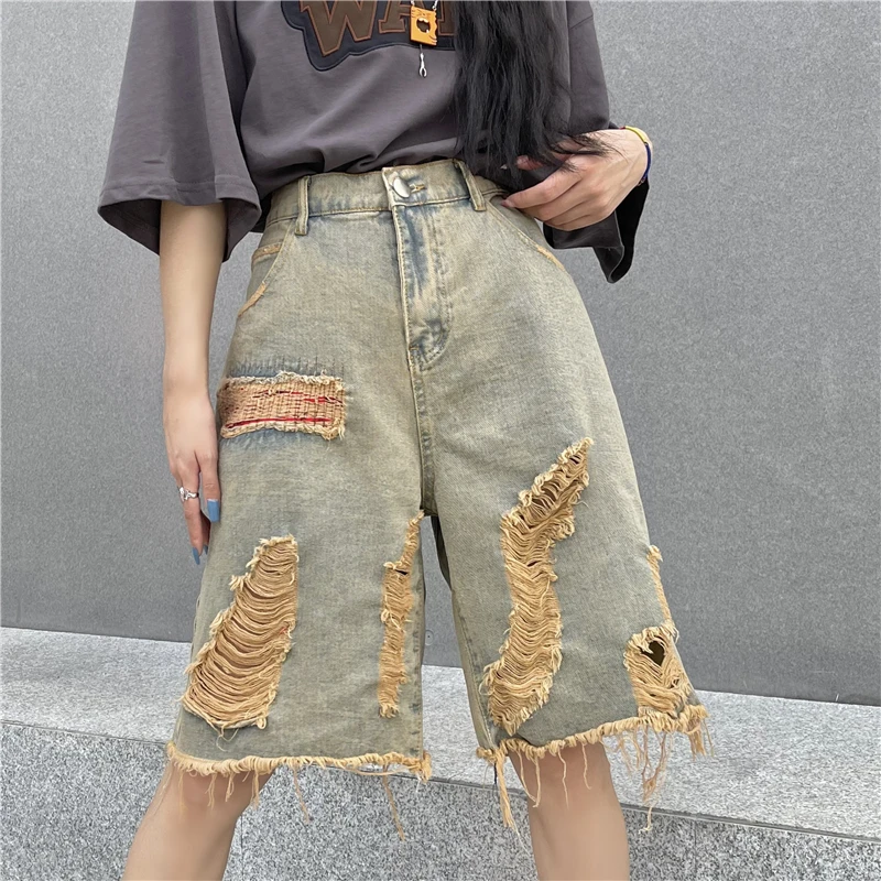 American Streetwear Ripped Jeans Women Men Summer High Waist Knee Length Baggy Cargo Pants Personality Tassel Denim Shorts