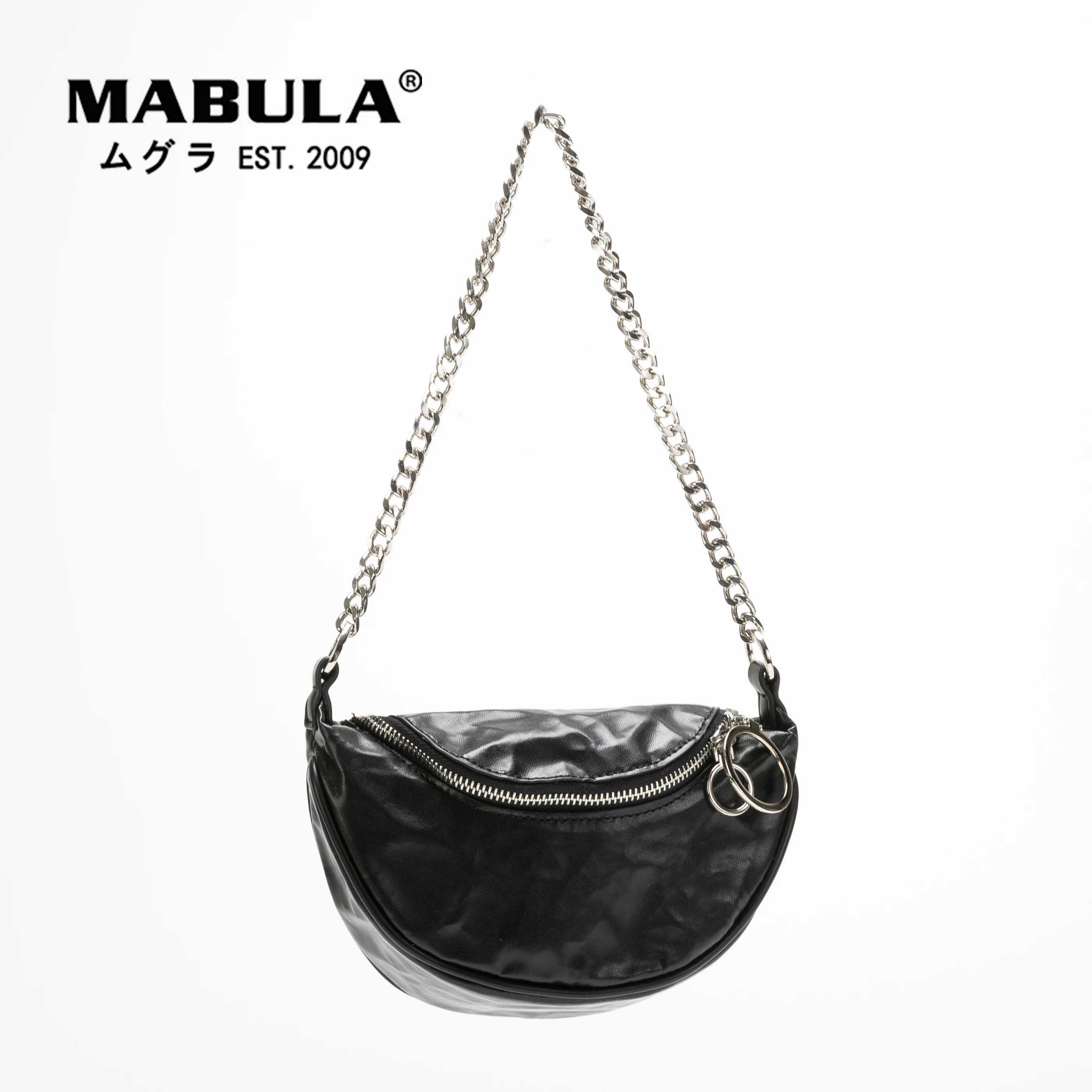 

MABULA Half Moon Leather Sling Chest Bag for Women with Big Metal Chain Removable Strap Crossbody Purse Fashion Travel Daypack