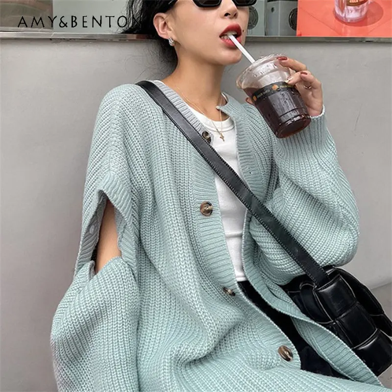 

Свитер с длинным рукавом для женщин, Осень-зима, новая одежда, плотная верхняя одежда с иглами, однотонное Свободное пальто, кардиган