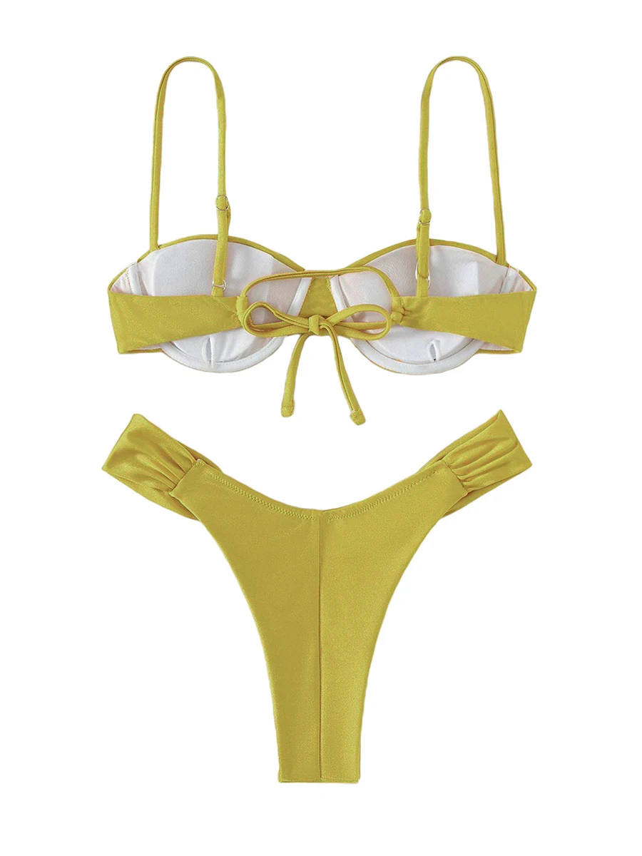 Женский купальный костюм бикини однотонный плиссированный бюстгальтер без