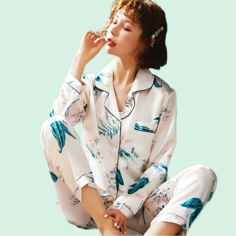 

Women's Cute Pajamas Set Full Sleeve T-shirt Long Pants 2Piece/Set Silk Spring Pyjama Cozy Homewear Rayon Sweet PJS