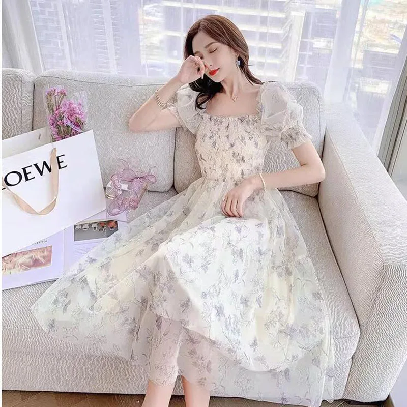 

Женское винтажное шифоновое платье, элегантное платье во французском стиле с чернильным принтом, пышными рукавами и цветочным принтом для вечеринки