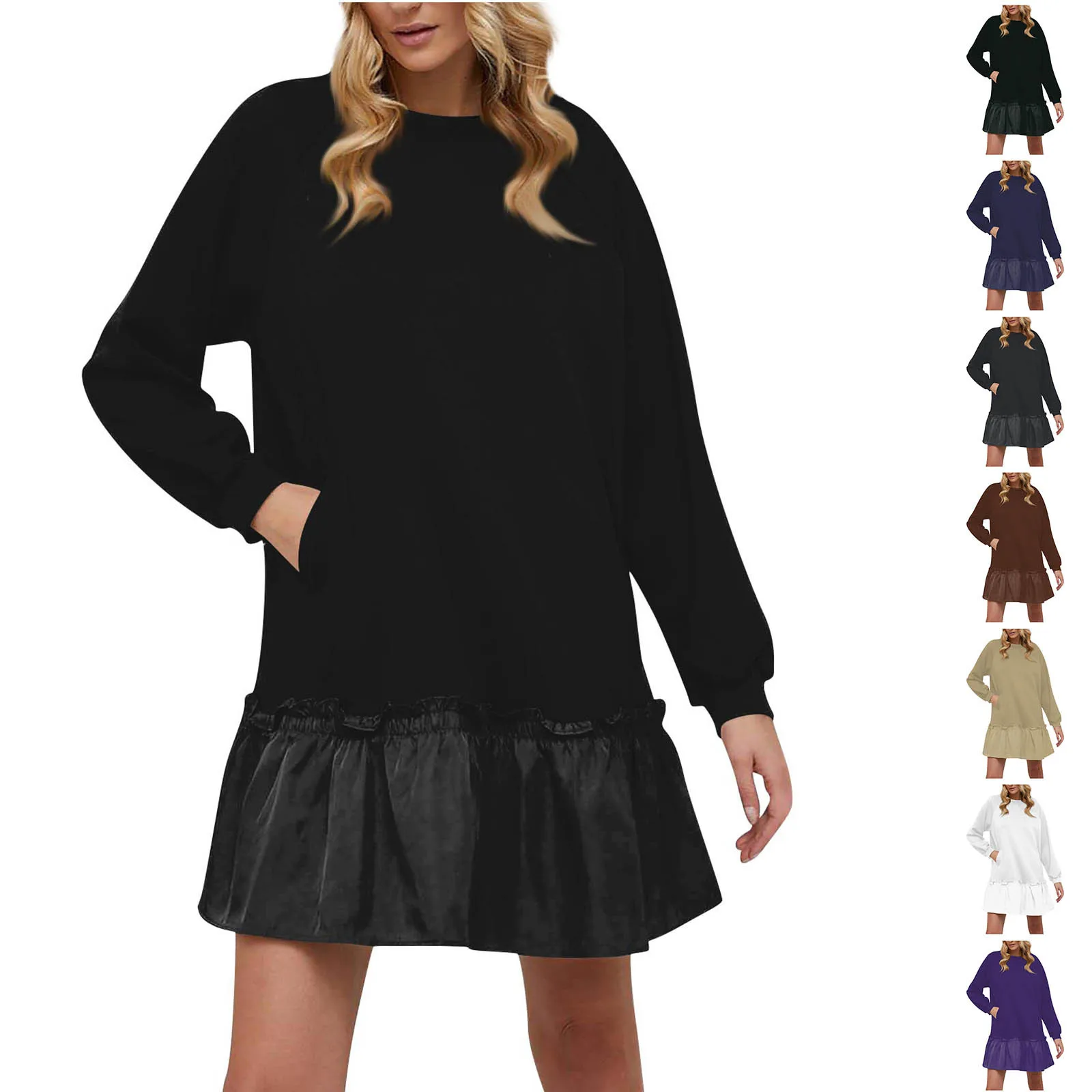 

Dresses For Women 2023 New Fashion Casual Round Neck Long Sleeve Pullover Athletic Vestidos Loose Hem Workout Skirts 롱티셔츠드레스