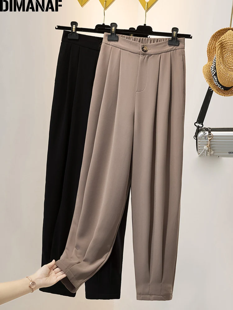 

DIMANAF Women Summer Long Pants Trousers Solid Chiffon Elastic Waist Oversize Loose Casual Fashion Office Lady Clothing Black