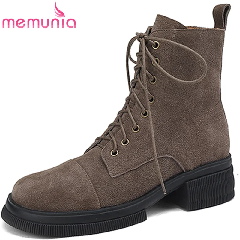 

MEMUNIA 2023 Size 34-41 New Narrow Band Square Med Heels Shoes Ladies Zipper Ankle Boots Platform Cow Suede Women Boots