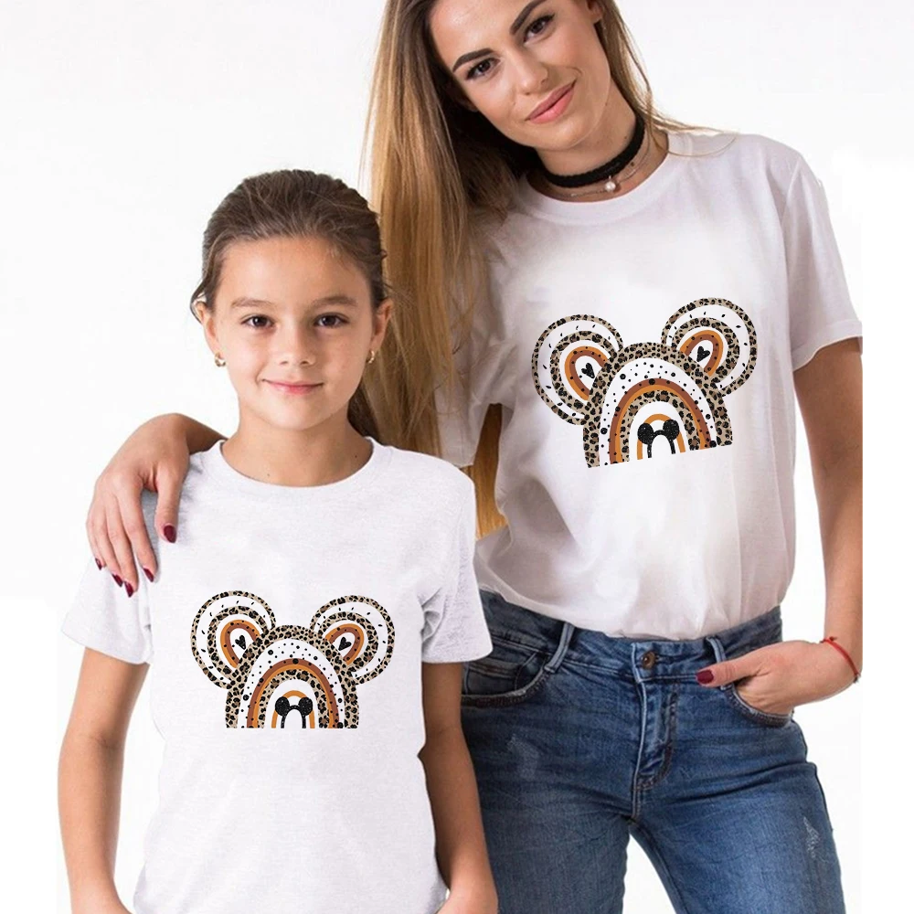 

Disney Family T-shirt Leopard Mickey Print 90s Harajuku Fashion Mother Kids Matching Clothes Europenan Aesthetic Girls Tops
