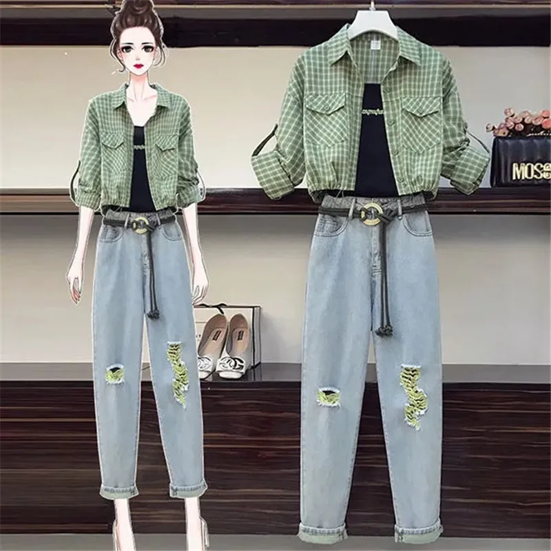 

Single/Set Women's Slightly Fat Wear Suits 2022 Spring Autumn New Female Outfit Jeans Slimming Three-Piece 2PCS Ladies Tops