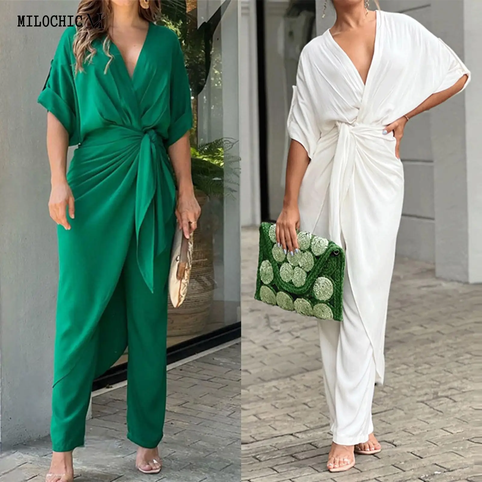 

Women Casual Jumpsuit Batwing Sleeve V-Neck Straight Jumpsuit with Wrap Skirt 2pcs Solid Color Simple Elegant Romper Overalls
