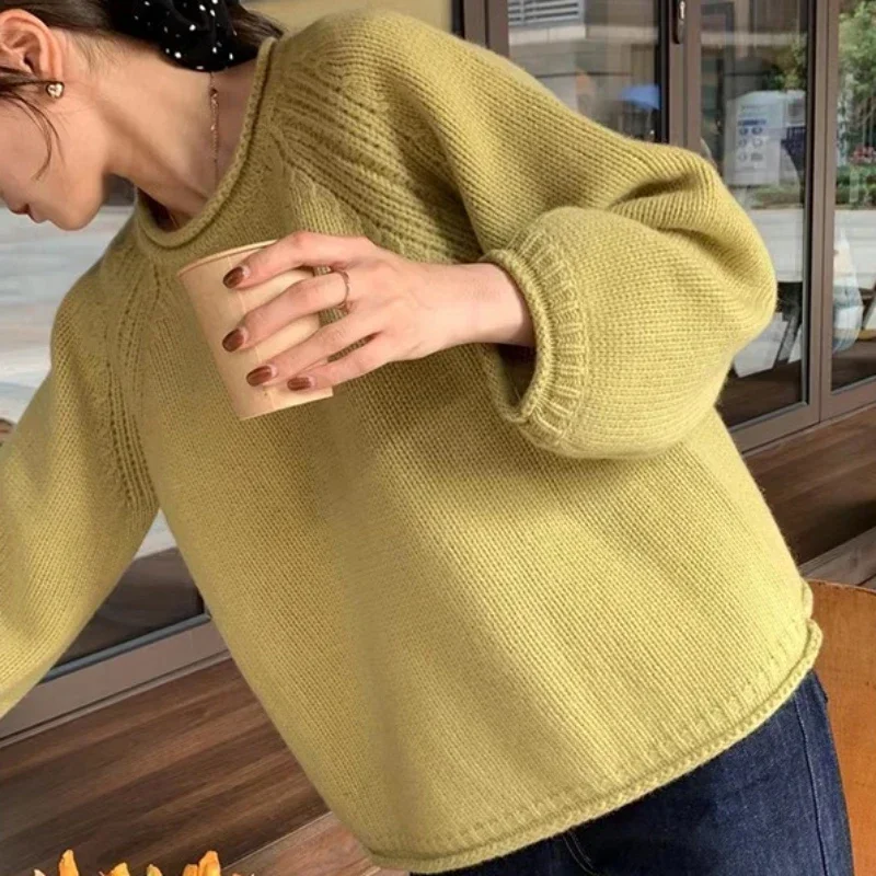 

5 Color Casual Solid Pullover Woman Sweater O-neck Short Puff Sleeve Top Autumn Winter Female Loose Long Sleeve Knitted Jumper
