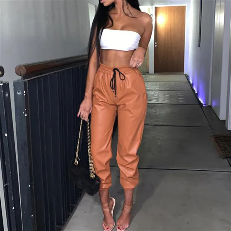 

PU Leather Pants Women's Loose Elastic High Waist Sexy Bandage Leather Pants 2021 Autumn Winter