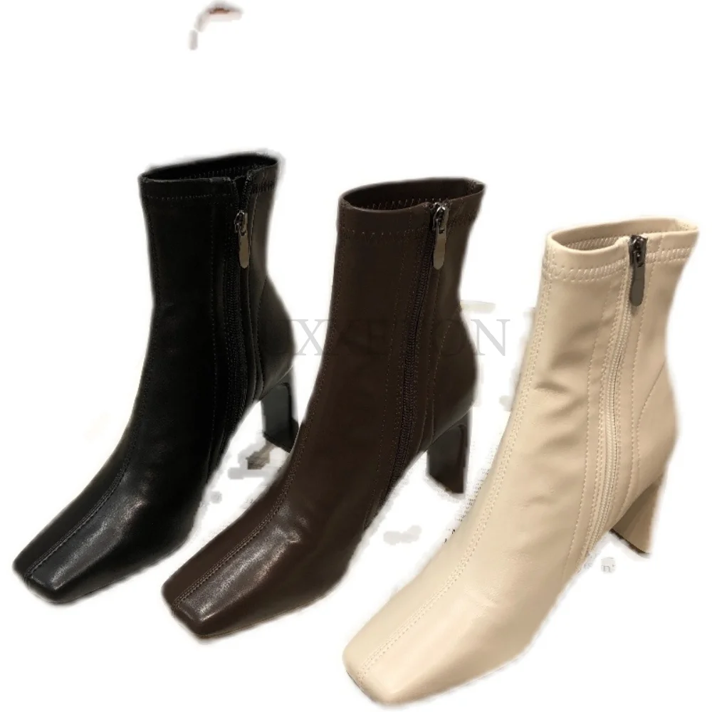 New Soft Peather Leather Women Ankle Boots Fashion Ladies Square High Heel Zipper Chelsea Short Boots Dress Pumps