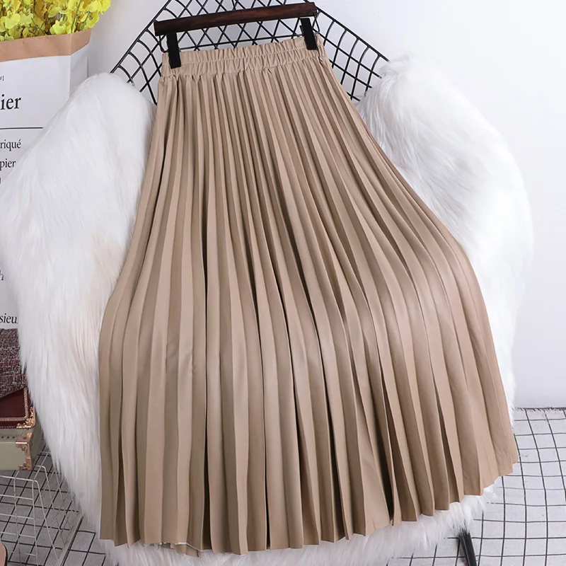 Qooth Women Autumn Midi PU Faux Leather Pleated Skirt Elegant Vintage Elastic High Waist Long A-line Skirt QT1907 images - 6