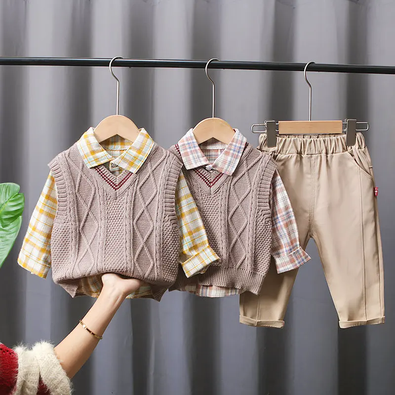 

3 шт./комплект, детский клетчатый свитер и штаны