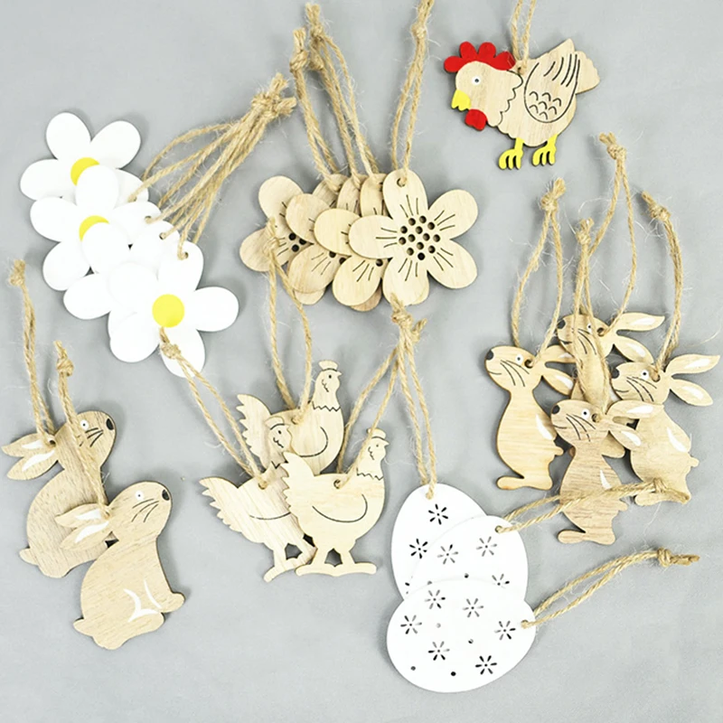 

8pcs Happy Easter Wooden Pendants Wood Chickens Bunny Rabbits Eggs Flowers DIY Craft Easter Party Decorations Hanging Ornaments