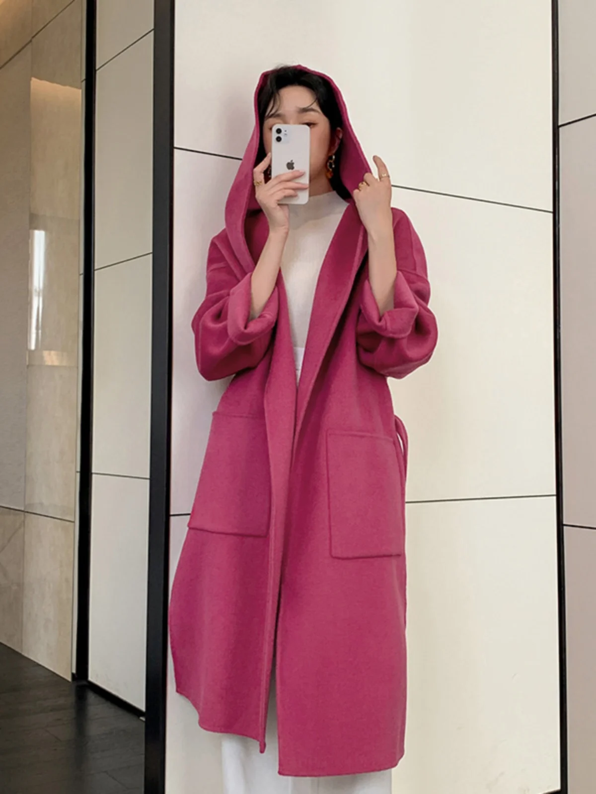 

Двустороннее кашемировое пальто, женское осеннее Новое модное свободное шерстяное пальто с капюшоном и поясом в Корейском стиле