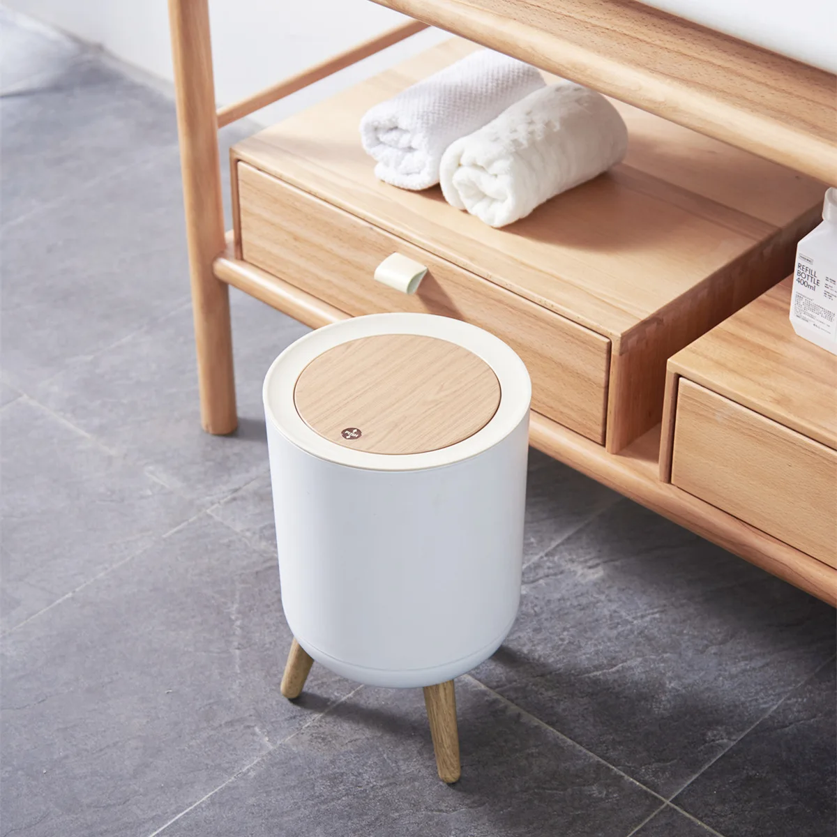 

New Creative High Foot Wooden Trash Can with Lid Press Garbage Rubbish Bin Waste Container Organizer for Toilet Bathroom Kitchen