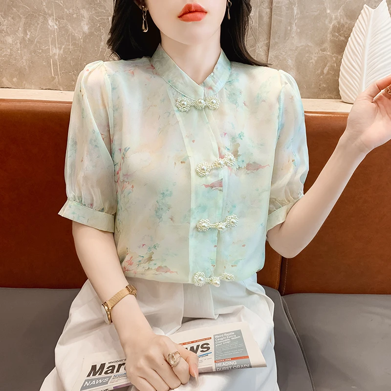 

Satin Shirt Women Summer 2023 New Floral Blouses Chinoiserie Loose Printed Short Sleeve Ladylike Top O-Neck Button YCMYUNYAN