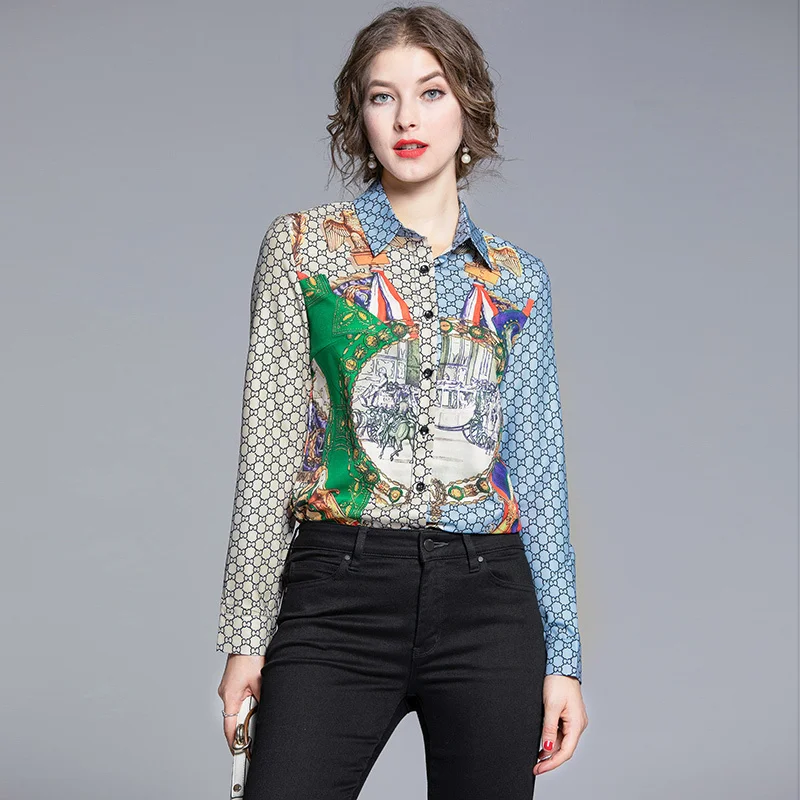 

Runway Blouses And Shirts Women 2023 Spring Summer Women Tops And Blouse Letters C Print Wagons Horses Office Ladies Shirts