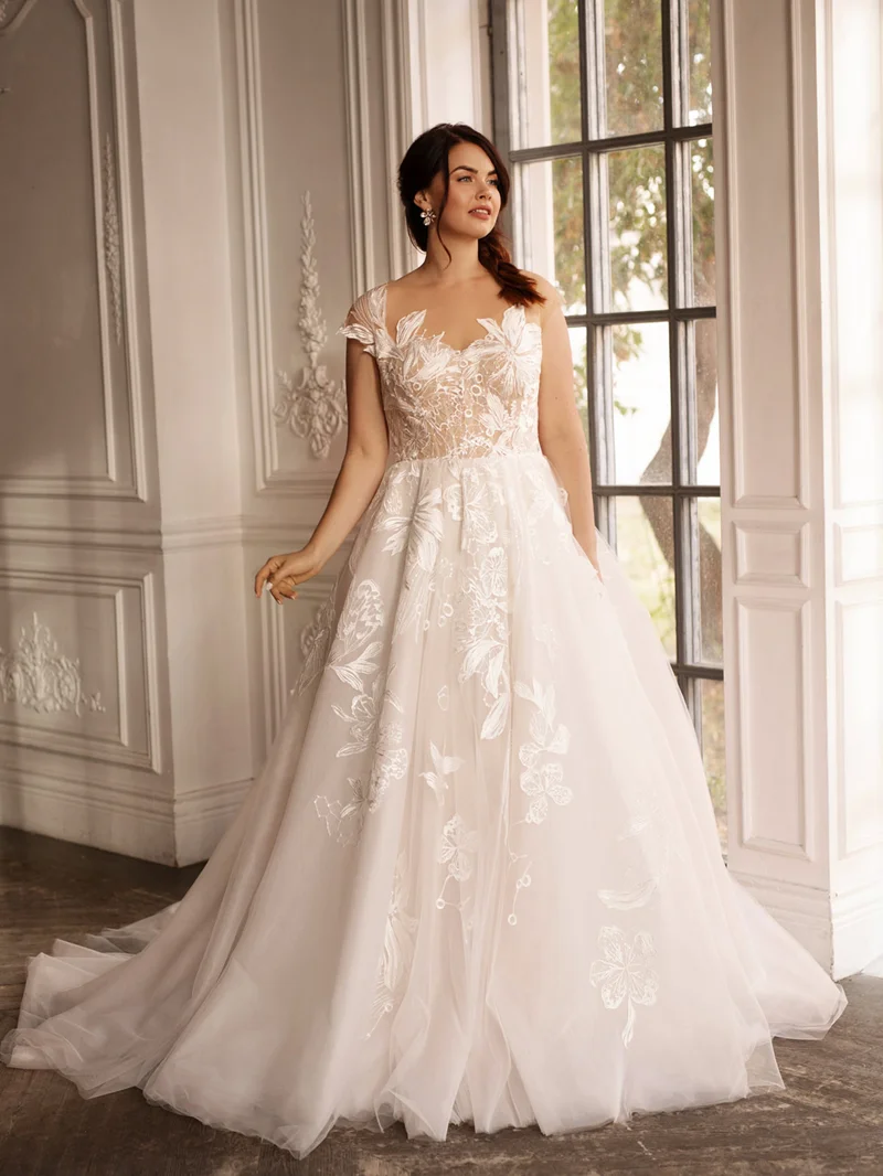 

Plus Size Wedding Dresses 2022 A-line Scoop Cap Sleeves Tulle Appliques See Through Wedding Gown Bridal Dress Vestido De Noiva
