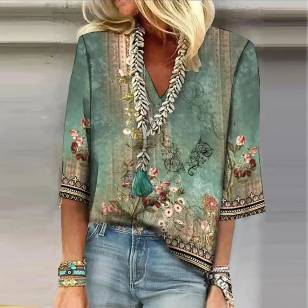 

Retro Print Loose Top Vintage Floral Print V-neck Pullover Soft Breathable Women's T-shirt for Casual Fall Summer Fashion Retro