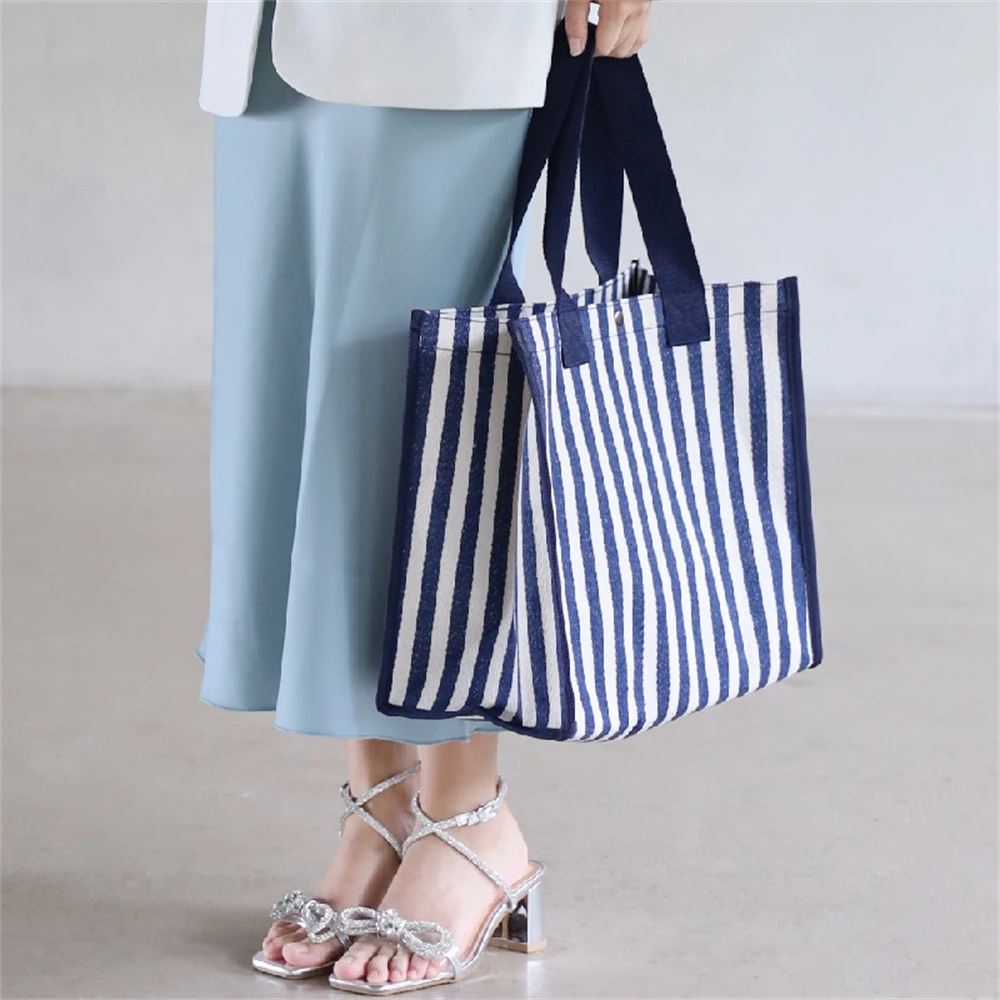 

Versatile Large Capacity Shopping Bags Stripe Square Canvas Shoulder Bag Portable Grocery Storage Bag Home Organizator Tote 2023