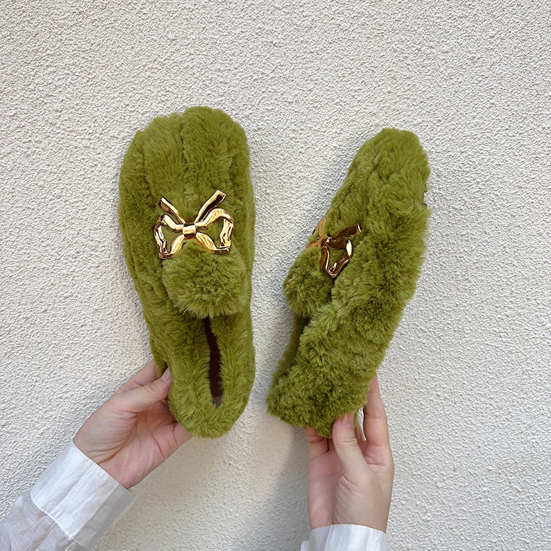Bowknot Sweet Fluffy Shoes Female Fall and Winter Outer Wear Warm Doug Single-Layer Shoes
