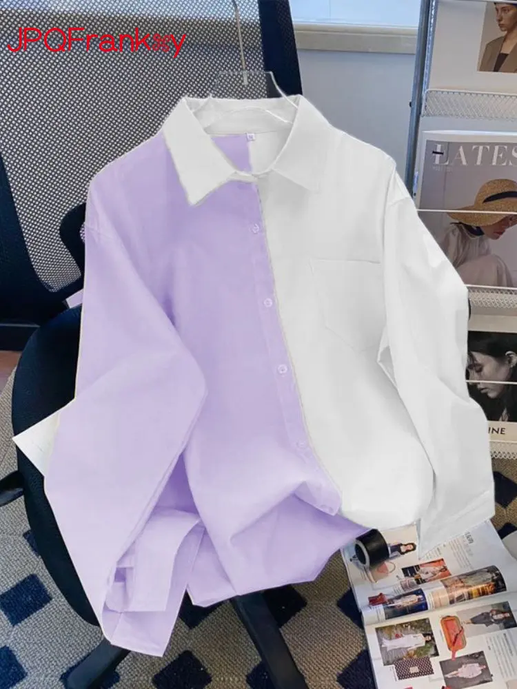 

2023 Spring Dress New Salt Line Blouse Long-sleeved Fashion Color-block Shirt Korean Version Loose Western-style Shirt Blouse