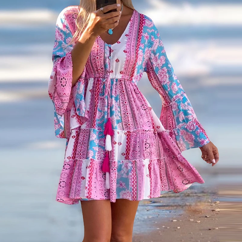 

New Patchwork Printed Boho Beach Dress Women Tassel V-neck Print Pleat Ruffle Dress 2023 Summer Flare Sleeve Casual A-Line Dress