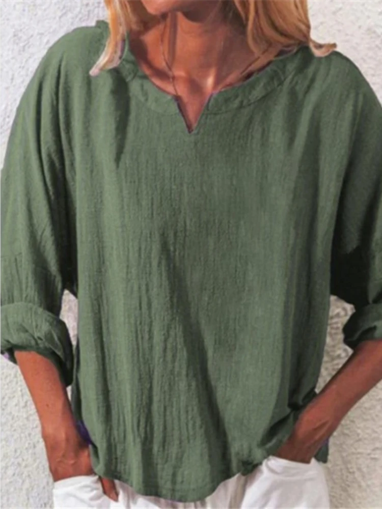 

Повседневные рубашки с длинным рукавом и V-образным вырезом, свободная блузка, винтажные однотонные хлопковые рубашки в стиле Харадзюку, же...