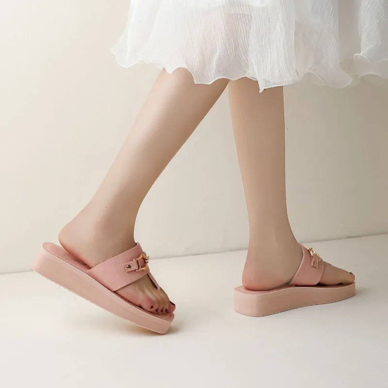 Summer Solid Chain Slippers For Women Fashion PU Leather Wedges Female Flip Flops Design Square Toes Women Platform Slides