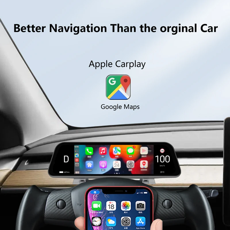 Фото Новый 9,66-дюймовый беспроводной дисплей CarPlay и Android Auto для Tesla Model Y Juniper и Model 3 Highland, умная приборная панель. №4