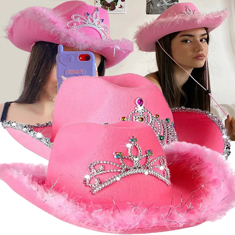 

Y2K розовая ковбойская шляпа в западном стиле для женщин и девушек, оформление в виде пера и блесток, корона, тиара для вечеринки