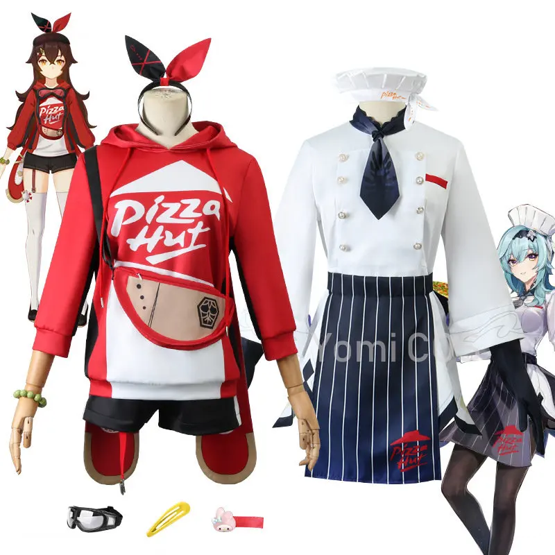 Genshin Impact Amber Cosplay Costume Eula Dress Women's Pizza Waiter Hut Uniform Sets Halloween Anime Role Play Clothing Wigs