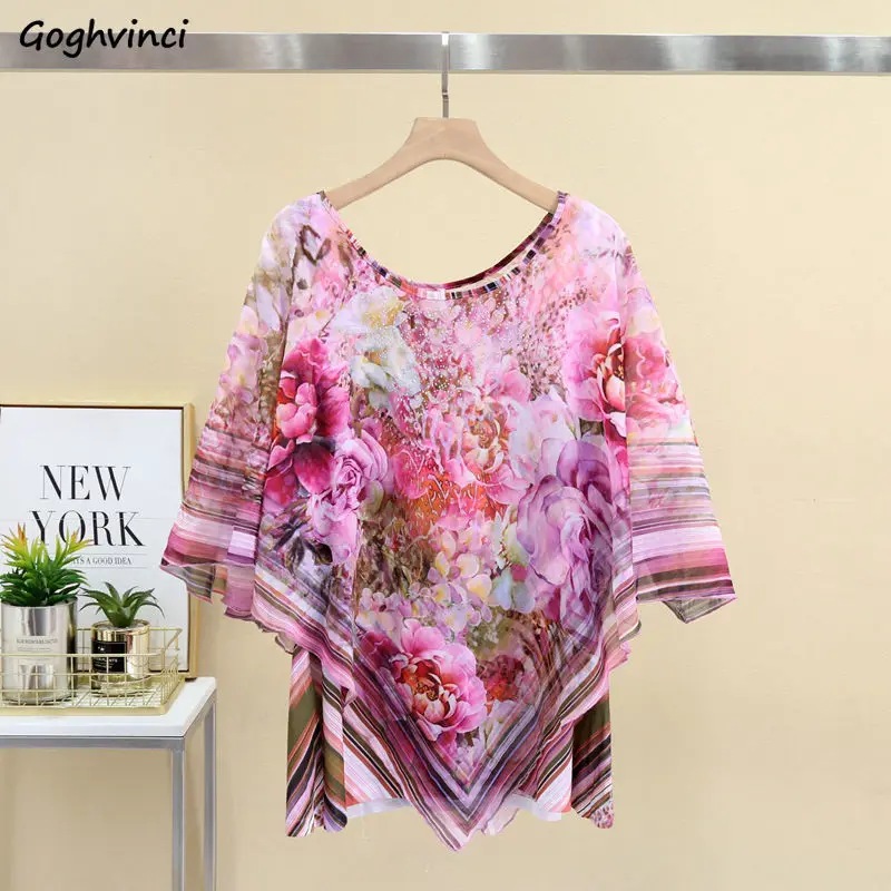 

Blouses Women Floral Elegant Loose-fitting Harajuku Vintage Breathable Causal O-neck Female All-match Basic Stylish Summer Chic