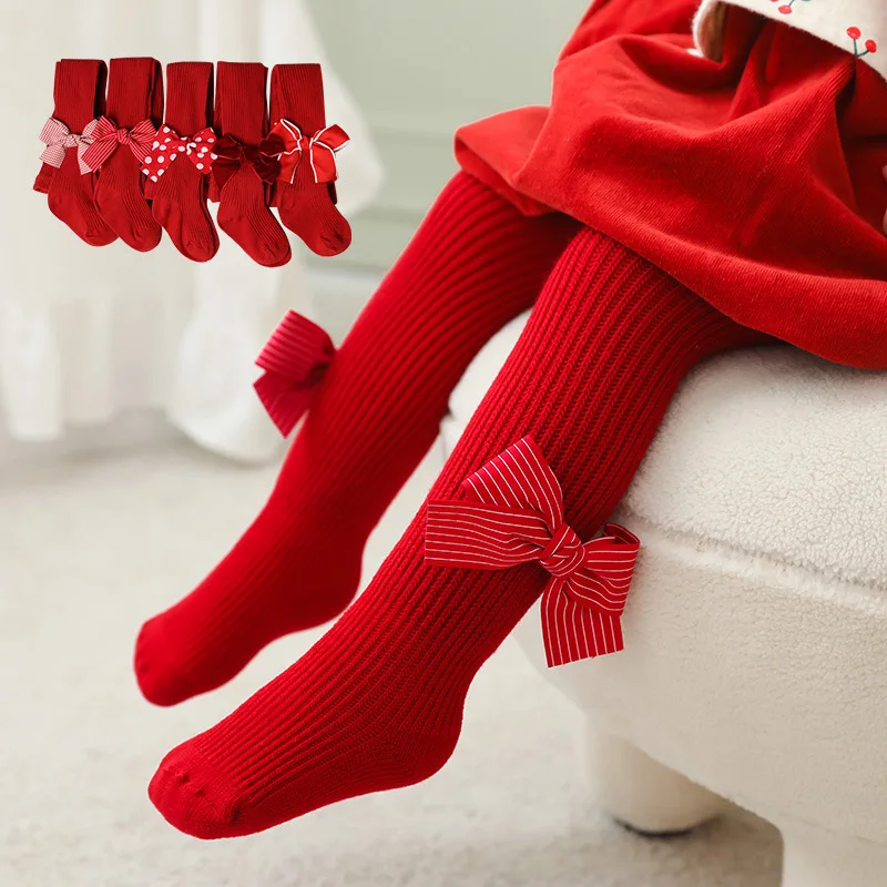 Новогодние красные вязаные детские колготки для девочек, рождественские  чулки с большим бантом, детские колготки в рубчик, Осенние теплые леггинсы,  брюки для маленьких девочек | AliExpress