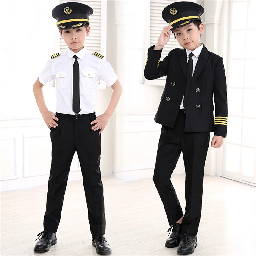 

Kids Pilot Costumes Carnival Halloween Party Wear Flight Attendant Cosplay Uniforms Children Aircraft Captain Clothes