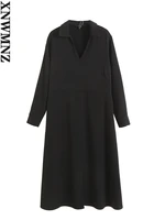 xnwmnz womens fashion black simple midi dress ladies retro v neck long sleeve elegant long dresses summer autumn new robe