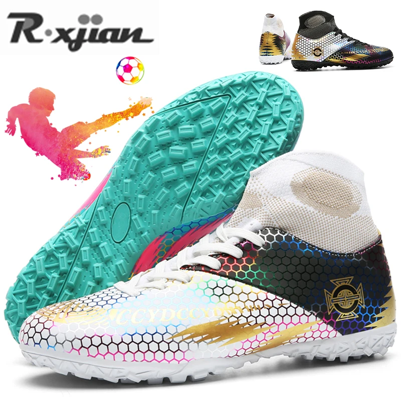 R.xjian Soccer Shoes 33-47 Graffiti Unisex Cleats FG Football Shoes Outdoor Training Sock Boots Sneaker Mixed Color Long Spikes