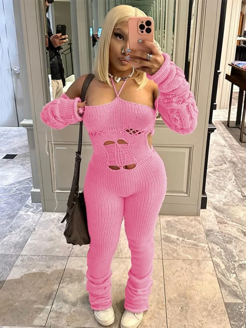 

Женский трикотажный комбинезон, розовый комбинезон с длинным рукавом, открытыми плечами, лямкой на шее и открытой спиной, с вырезами, для ночного клуба, 2023