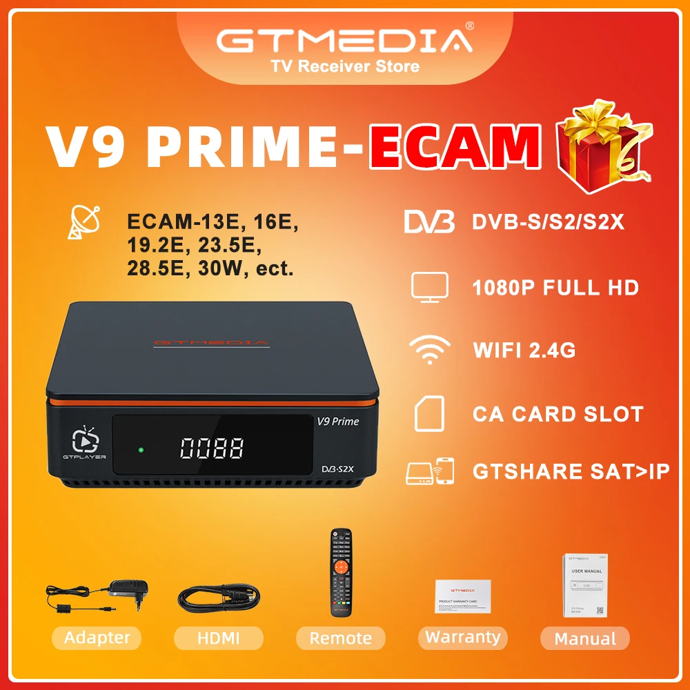 

GTmedia V9 Prime Satellite Receptor Support With 12M Ecam DVB S/S2/S2X Card Xstream Smart Online TV APP Built-in 2.4G WIFI