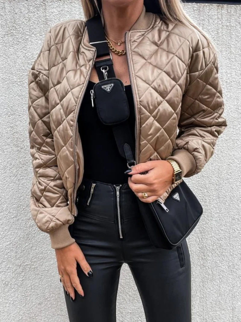 Autumn and winter new long-sleeved solid color short zipper jacket cotton clothing women's niche design European and American