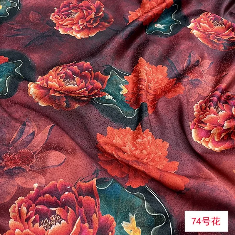 

140cm Wide large red flower Printed 19momme Stretch Silk Satin Fabric MulberrySilk