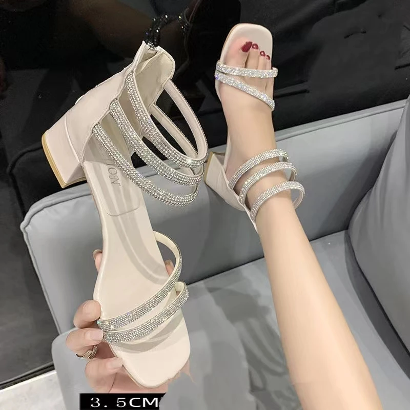 

FHANCHU 2023 Women Rhinestone Sandals,Cover Mid Heels Summer Shoes,Gladiator Style,Fashion Back Zip,35-39,Black,Beige,Dropship