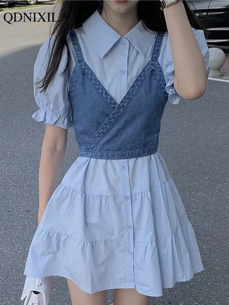 

2023 Summer Women's Dresses Korean Fashion Vintage Puff Sleeve Shirt Dress Women's Denim Camisole Vest Set New In Dresses