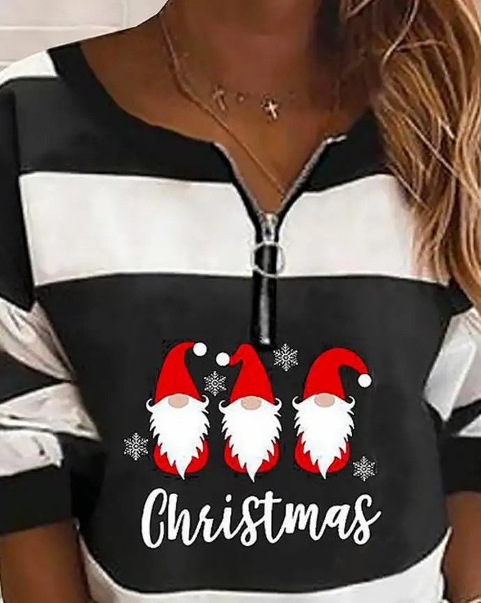 Купи 2022 New Christmas Fashion Casual Dwarf Print Color Block Long Sleeve Top Elegant Stripe Y2K Clothes Support Wholesale за 284 рублей в магазине AliExpress