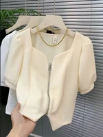 streetwear french simple square collar zipper short white shirts femininas summer womens short puff sleeve cropped tops mujer
